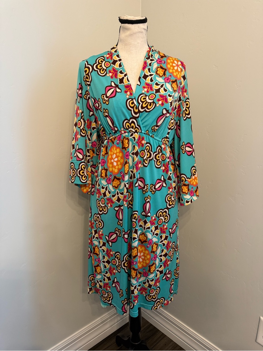 Judith March Boho Empire Waist Midi Dress Large Turquoise Retro Floral Made USA - Picture 8 of 12